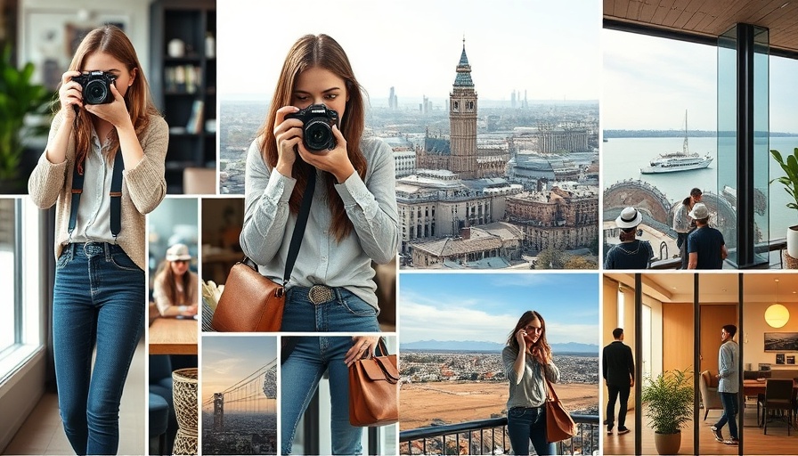 Daily routine vlogs collage featuring photography, work, and travel activities.