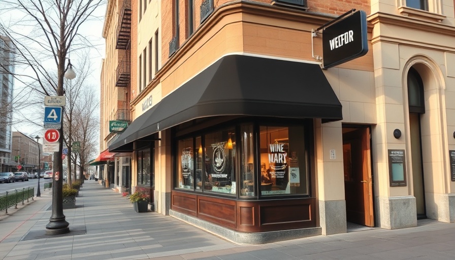 Somm Wine Bar closure view with black awning on a sunny street.