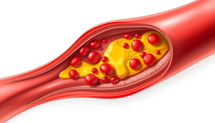 Dyslipidemia illustration, artery cross-section with plaque buildup.