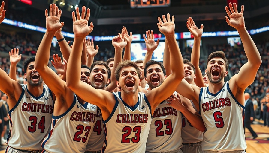 Maryland basketball team celebrates buzzer-beater win on court.