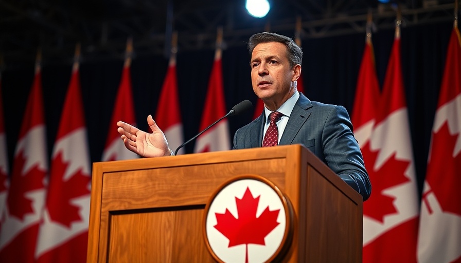 Speaker at Canadian election podium amid flags, bright lighting
