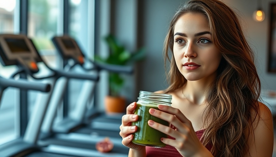 Young woman discussing wellness retreat with smoothie, treadmill background.