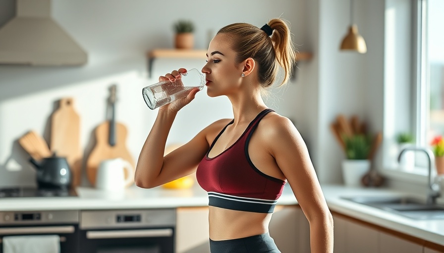 Athletic woman in kitchen promoting nutrition diet and exercise health.