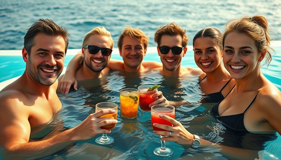 Friends enjoying drinks in a pool with ocean view, vibrant sunlight.