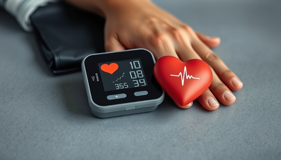 Digital blood pressure monitor and hand, heart-shaped object on gray table.