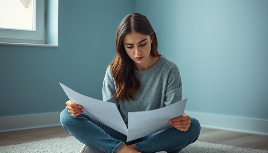Concerned young woman reviewing bills illustrating debt settlement savings.
