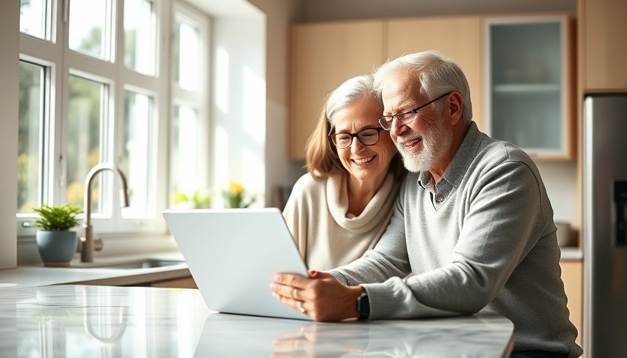 Happy couple exploring high-yield savings accounts on laptop in kitchen.