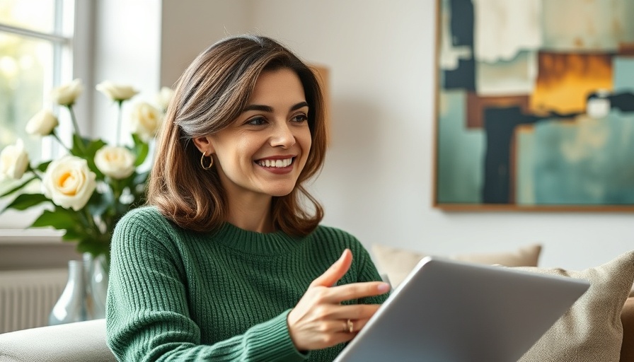 Woman in green sweater discussing refinancing at home.