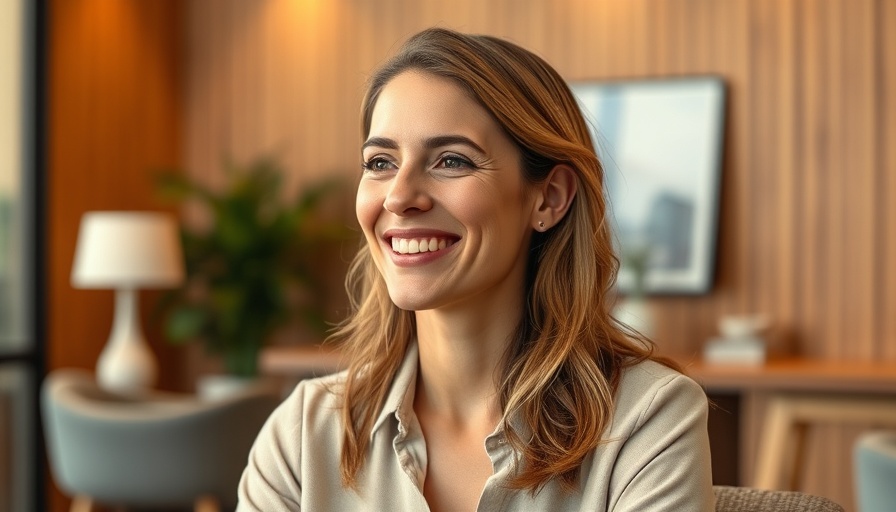 Smiling woman discussing in office setting, warm lighting, VA mortgage talk.