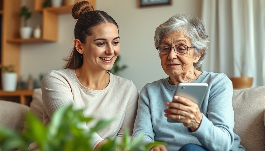 Elderly woman using assistive technology for vision loss with young woman's help.