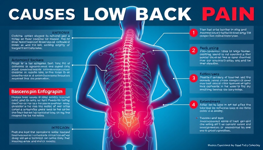 Illustration showing low back pain causes with spine diagram.