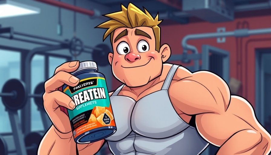 Cartoon muscular man questions creatine benefits, gym setting.
