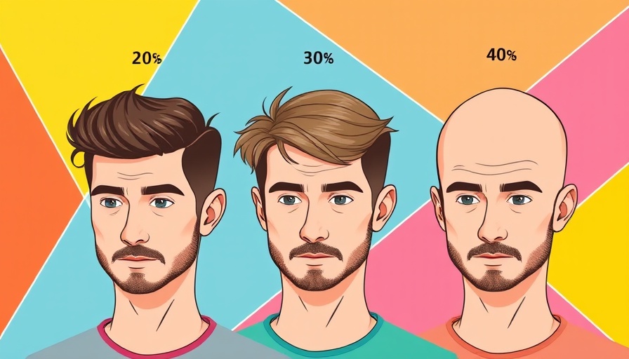 Illustration showing stages of male hair loss in 20s, 30s, and 40s.