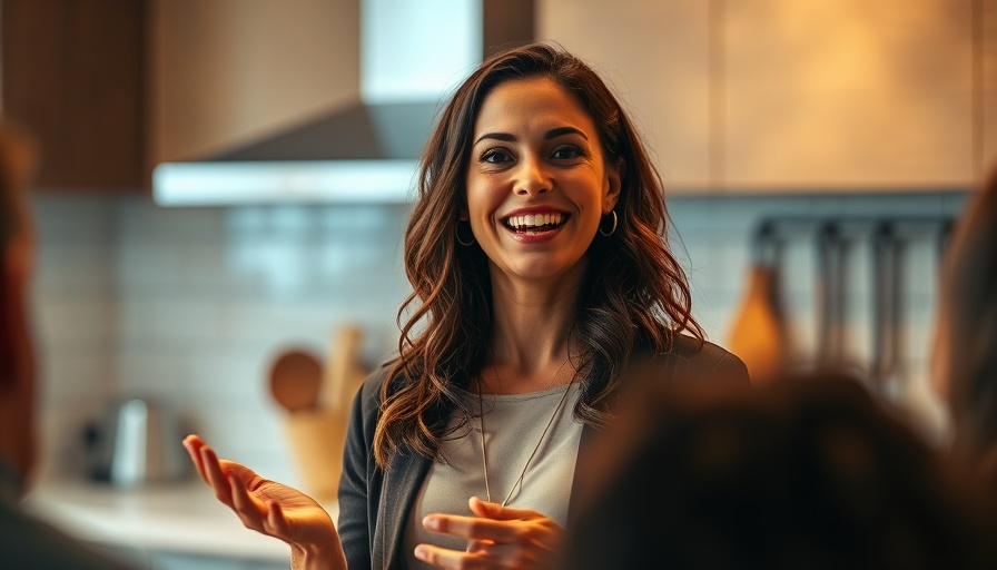 Water flossers explained by a woman in a modern kitchen, smiling and engaging.