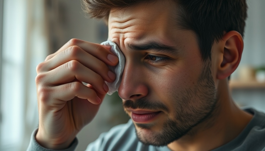 Man using warm compress for stye relief at home.