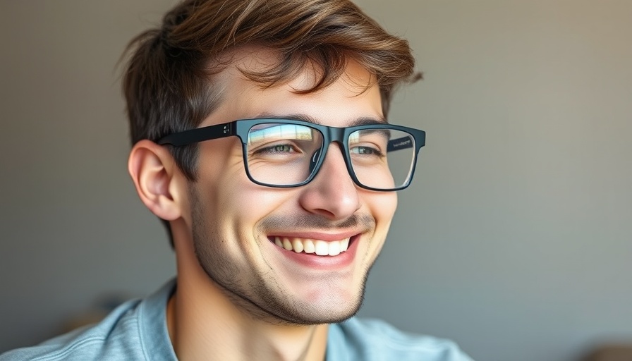 Young man wearing specialized glasses for migraine relief indoors.