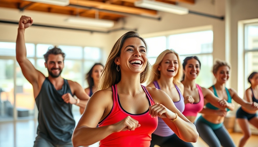 Energetic adults exercising indoors, promoting Eat Your Age.