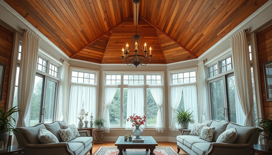 Elegant sunroom design with wooden ceiling and plush seating.