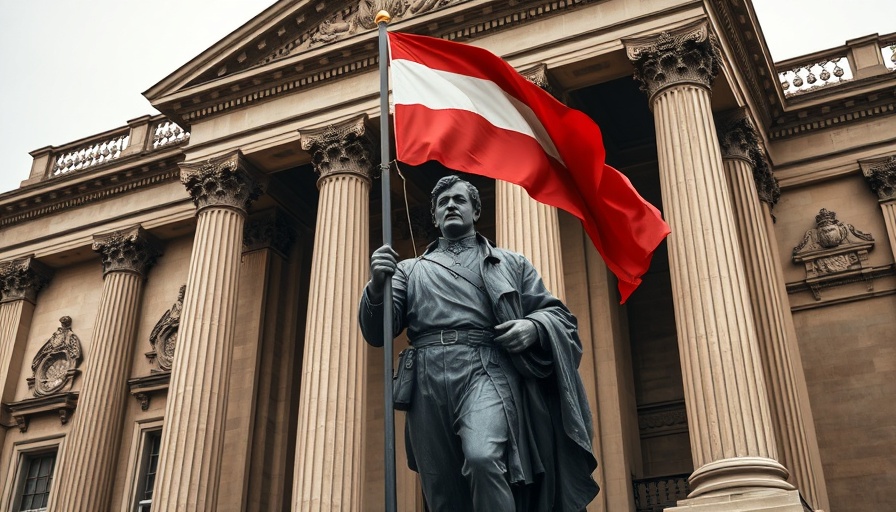 Protest at historical building, flag and signs visible