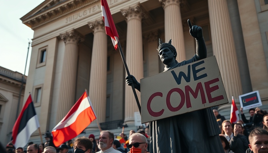 Protest scene with statue and flag in front of a historic building.