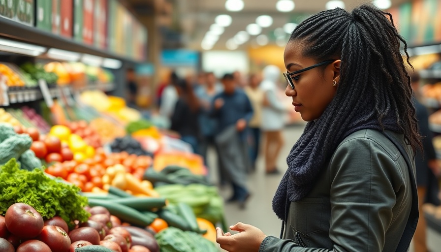 Intrigued shopper examining produce at Jungle Jim's, vibrant market scene.