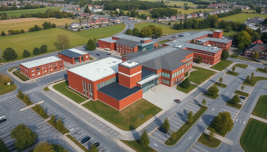 Aerial view of a modern school campus in Princeton City Schools, highlighting financial crisis issues.