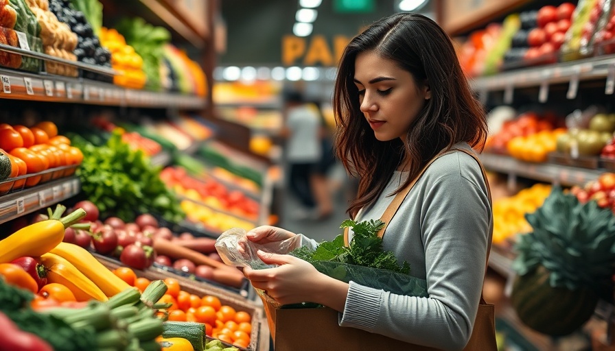 Shopper examining produce at grocery store; impacts of tariffs on local businesses.