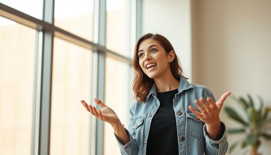 Young woman explaining with enthusiasm, minimalist interior, earn six figures on the side.