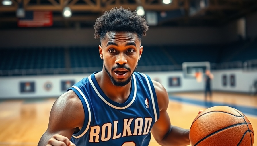 Dynamic basketball player dribbling during NBA game.