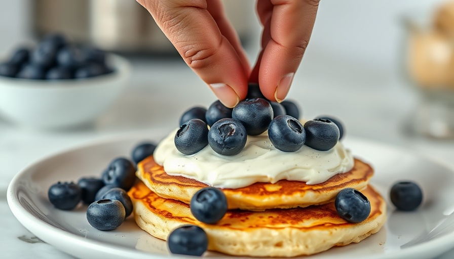 Healthy cottage cheese pancakes being prepared with blueberries.