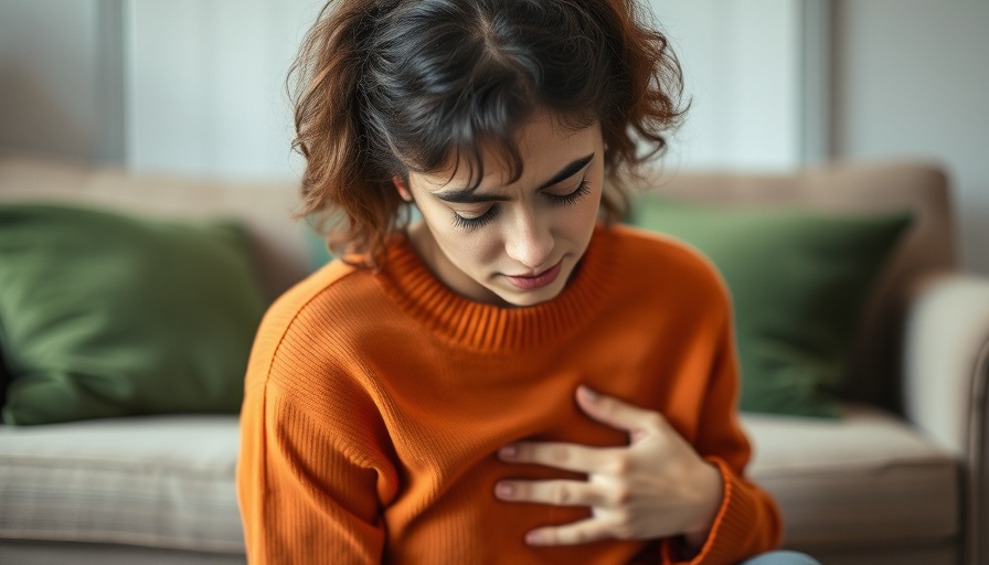 Woman holding stomach in discomfort, open-label placebo context.