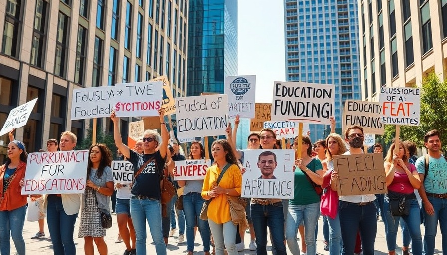 Protest in Ohio against proposed education budget cuts, people holding signs.
