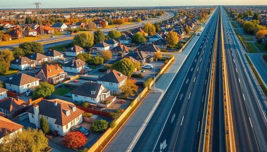Aerial view of Evanston neighborhood and highway; noise barrier project topic.