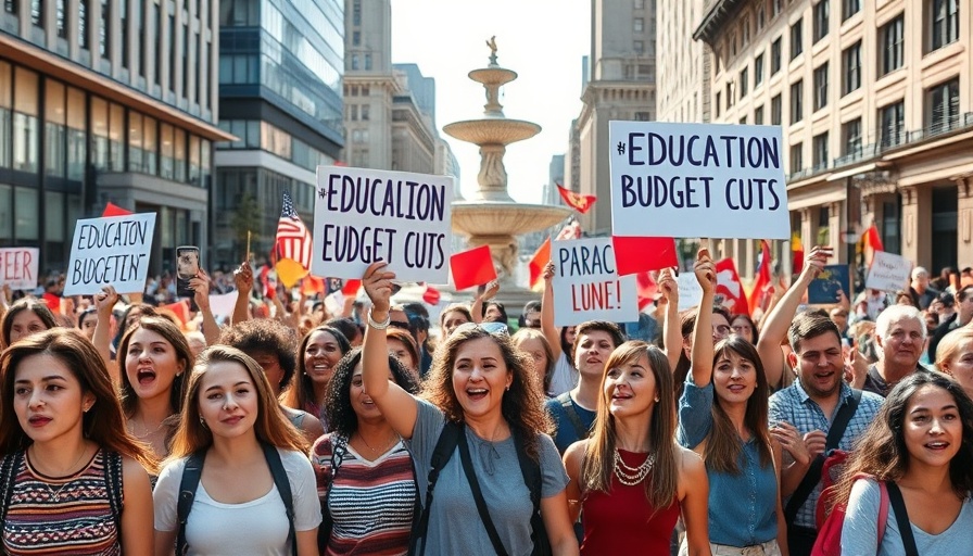 Cincinnati families protest against education budget cuts in a city square.
