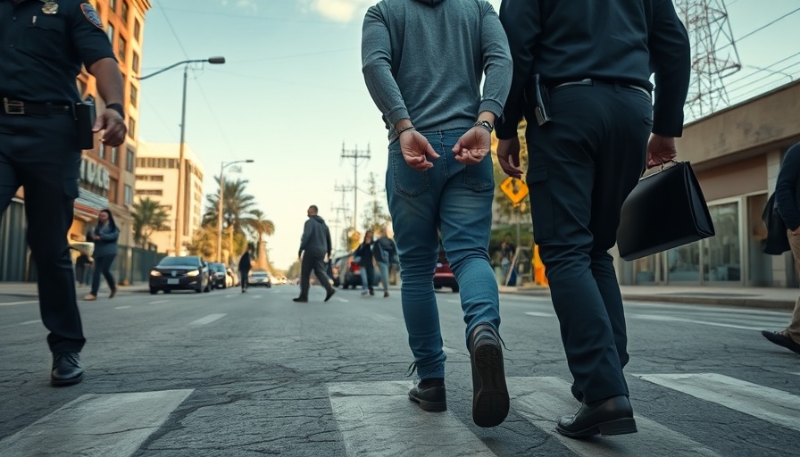 Detention scene involving a hooded person and officers on an urban road.