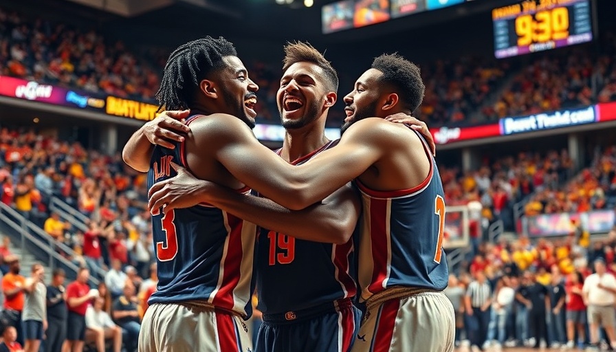 LeBron James buzzer-beater celebration with team in vibrant arena.