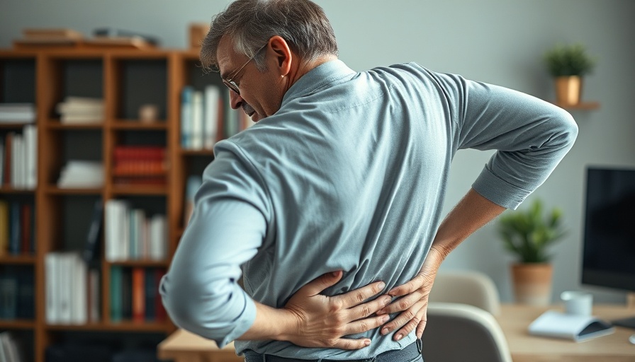 Middle-aged man experiencing back pain in a home office setting.