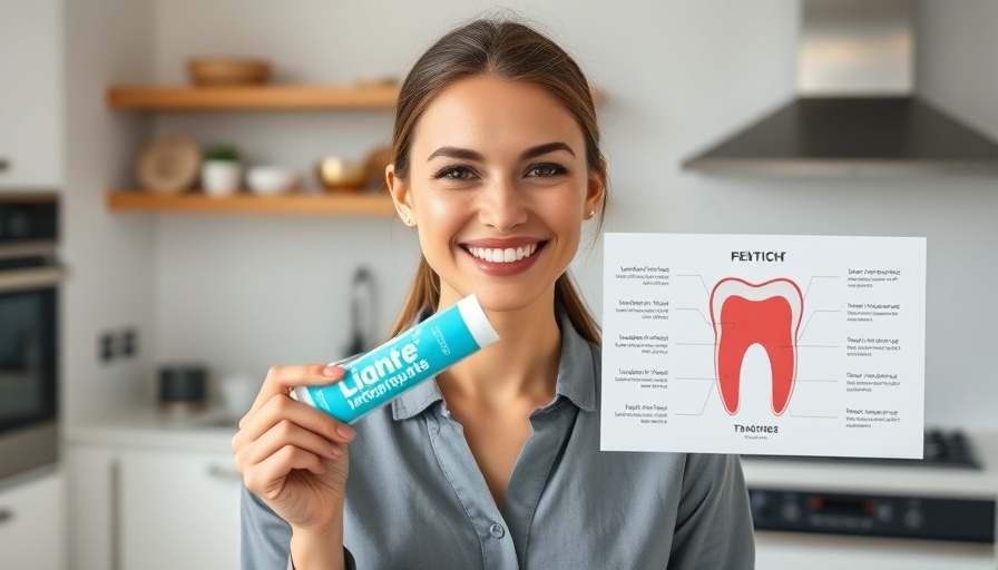 Smiling woman with nano-hydroxyapatite toothpaste and tooth graphic.
