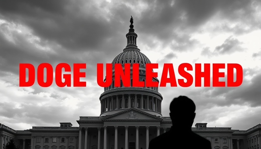 Capitol building with 'DOGE UNLEASHED' text in red, monochrome style.