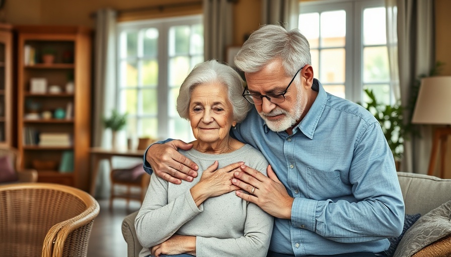 Mature couple addressing joint pain, focus on support in living room.