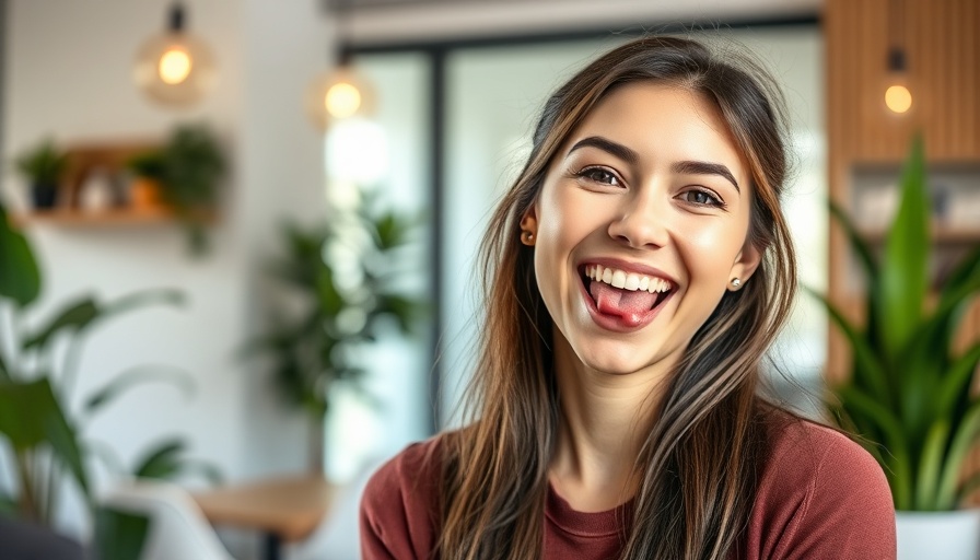Young woman playfully showing tongue in a modern room with plants.