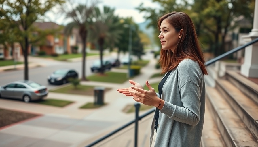Woman discussing house flipping partnerships outdoors in a suburban area.