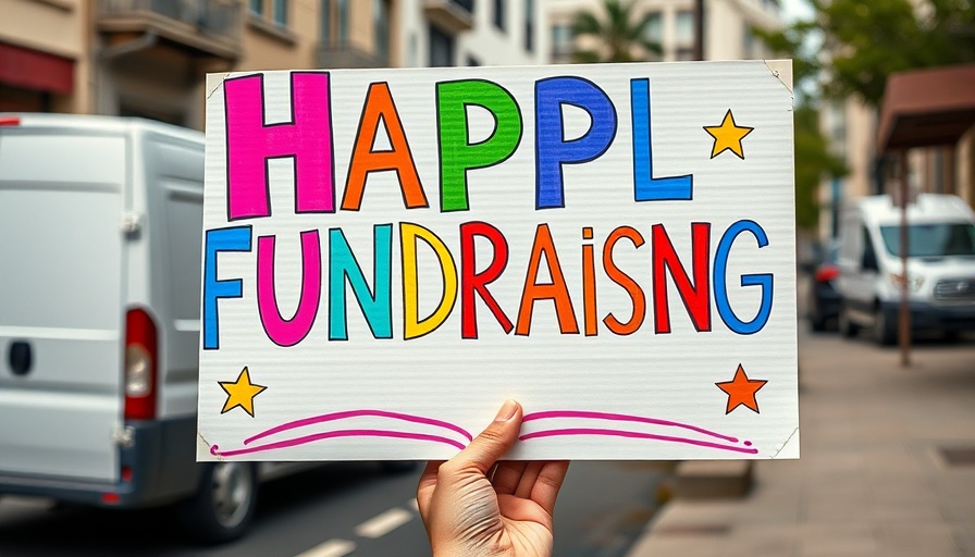 Colorful fundraising sign held by person outdoors.