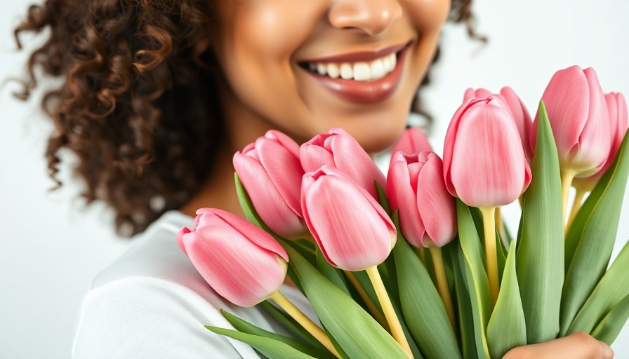 Woman smiling holding pink tulips, luxury travel gifts for Mother's Day.