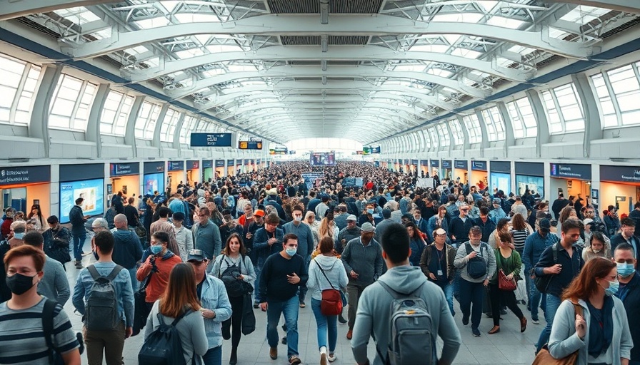 Crowded airport terminal showcasing busy travelers, highlighting airport traffic predicted to double.