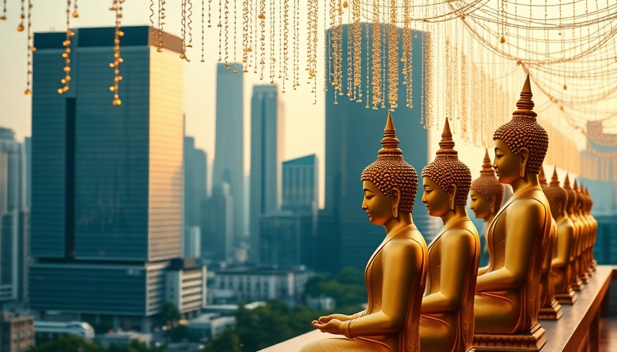 Golden Buddha statues overlooking city, Sri Lanka travel