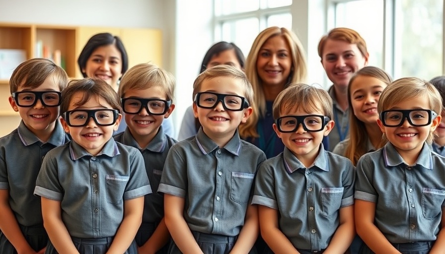 Joyful group of visually impaired children with educators.