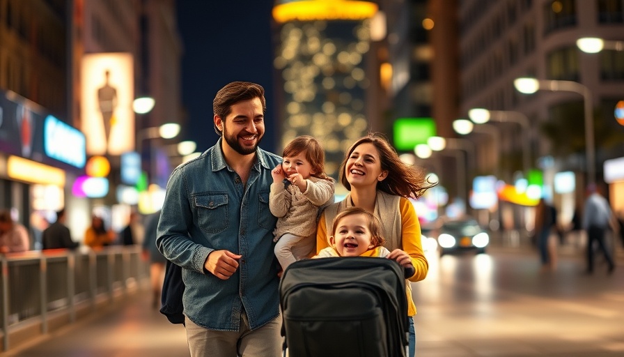 Family enjoying a night out in a lively city setting, illustrating work-life balance shift from tech to real estate.
