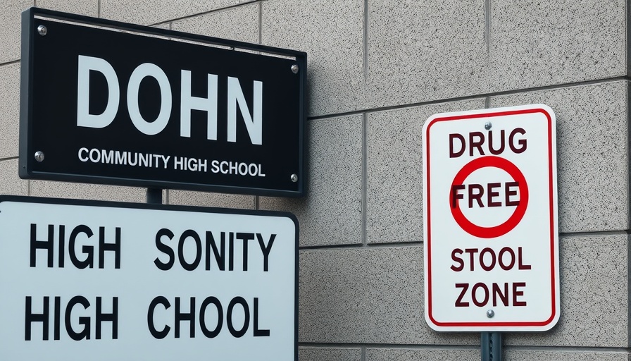 Dohn Community High School sign with drug-free zone notice.