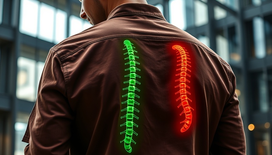 Graphic of spine on shirt highlights back pain awareness.